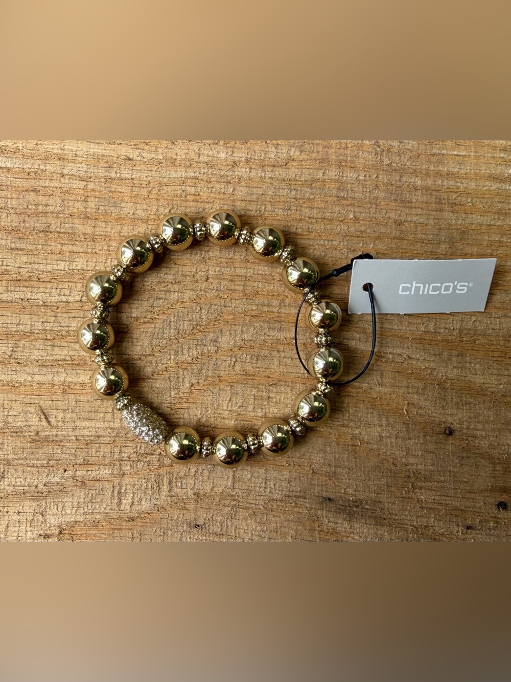 NWT - Chico’s Gold Tone Beaded Stretch Bracelet with Pavé Accent